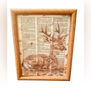 New Framed deer print on book page solid wood frame